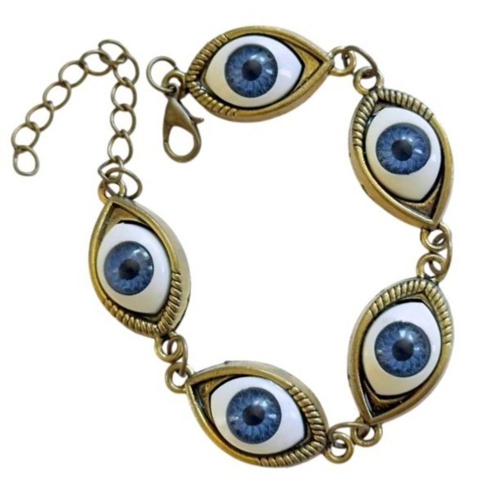 Boho Evil eye blue bezel Bracelet link bronze‎ Glass adjustable 8.5"